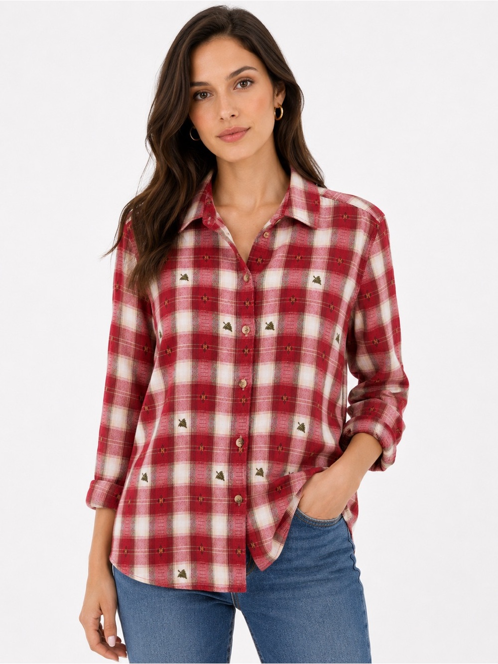 Casey & Max Women’s Plaid Button Front Shirt Size Medium Red Embroidered